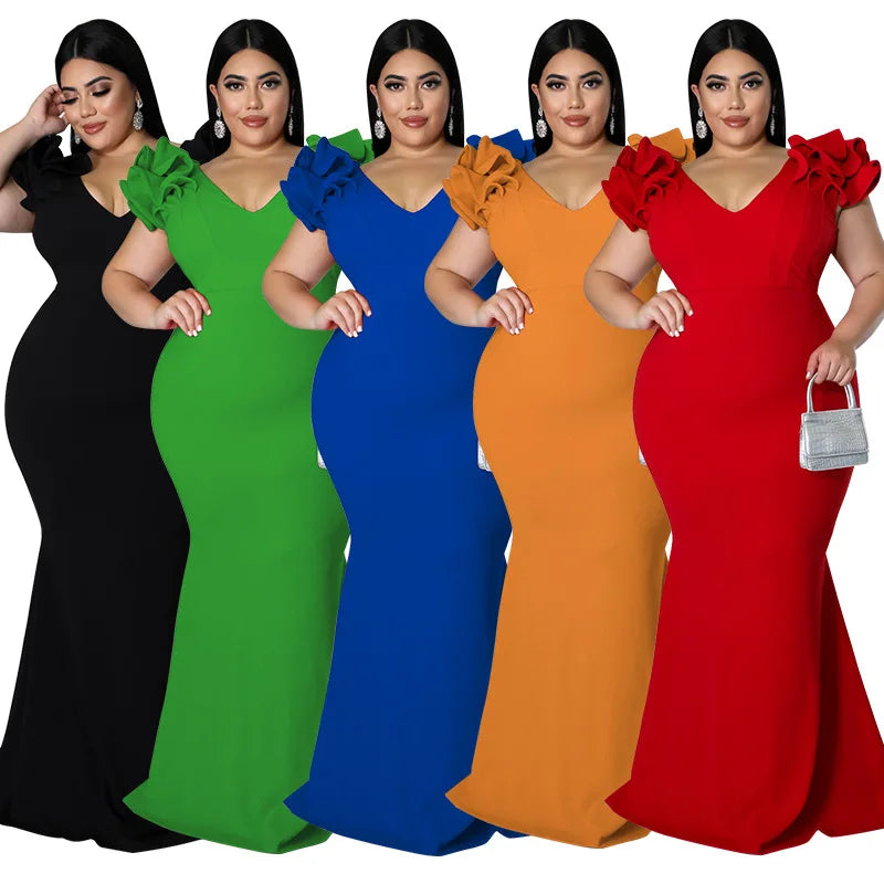 Robe Longue Élégante – Manches à Volants & Col en V, Invité de Mariage Été