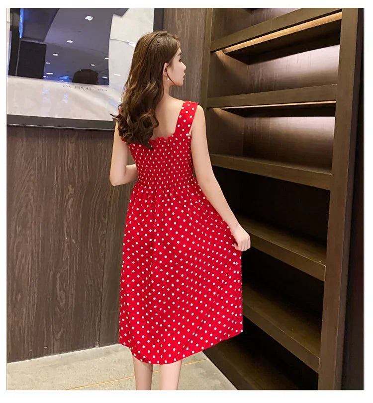 Robe Longue à Pois – Col Carré Élégant & Sans Manches, Été Féminin