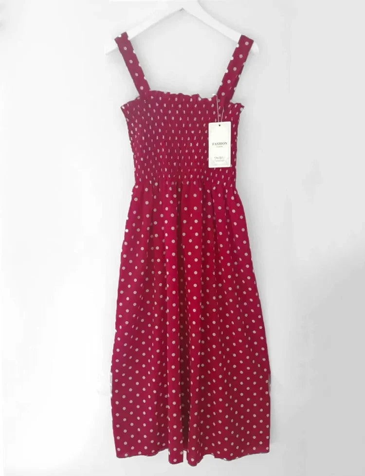 Robe Longue à Pois – Col Carré Élégant & Sans Manches, Été Féminin
