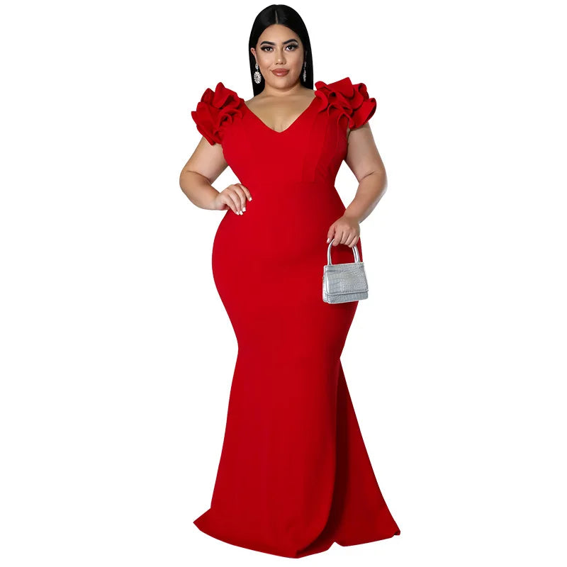 Robe Longue Élégante – Manches à Volants & Col en V, Invité de Mariage Été