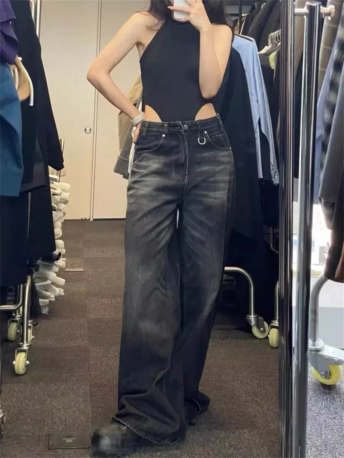Jean Large Vintage Noir – Taille Haute & Style Streetwear