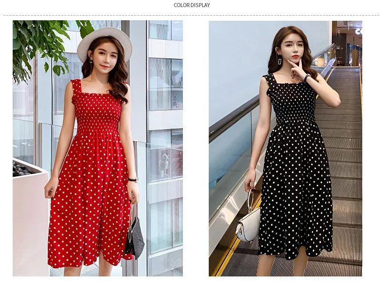 Robe Longue à Pois – Col Carré Élégant & Sans Manches, Été Féminin