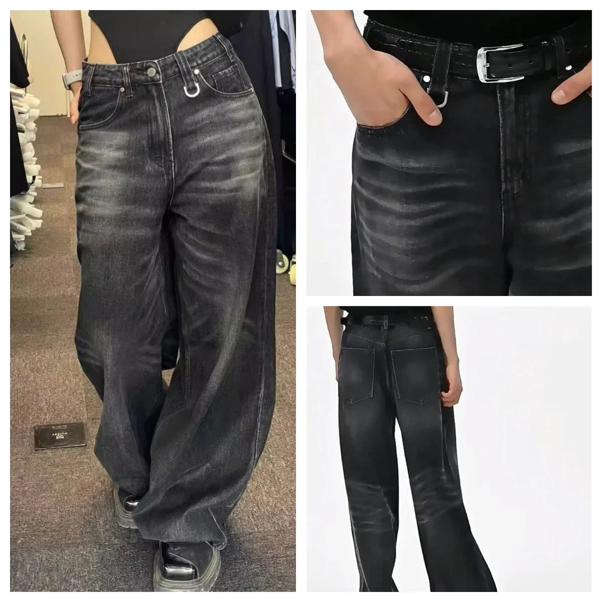 Jean Large Vintage Noir – Taille Haute & Style Streetwear