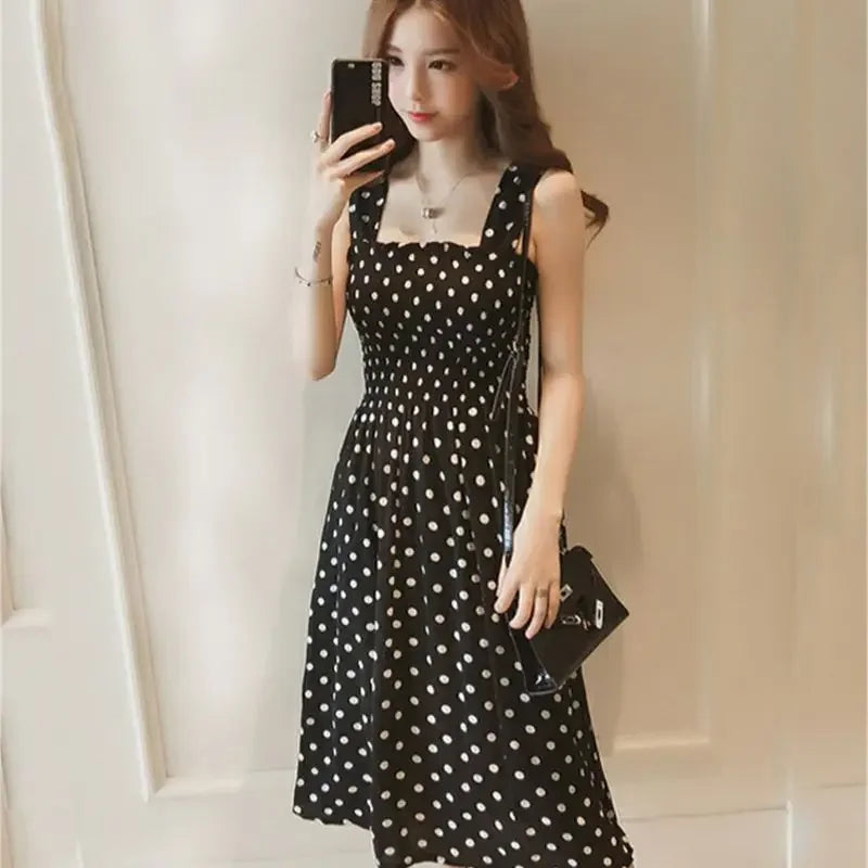 Robe Longue à Pois – Col Carré Élégant & Sans Manches, Été Féminin