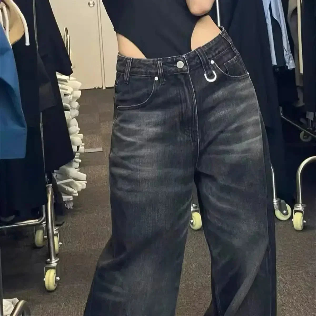 Jean Large Vintage Noir – Taille Haute & Style Streetwear