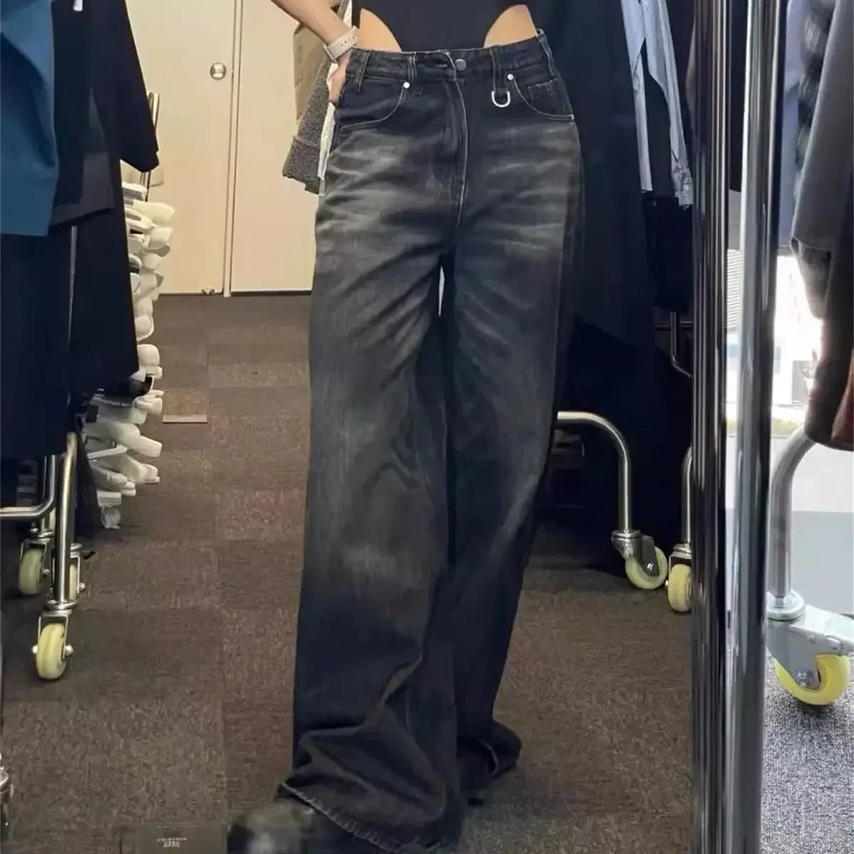 Jean Large Vintage Noir – Taille Haute & Style Streetwear