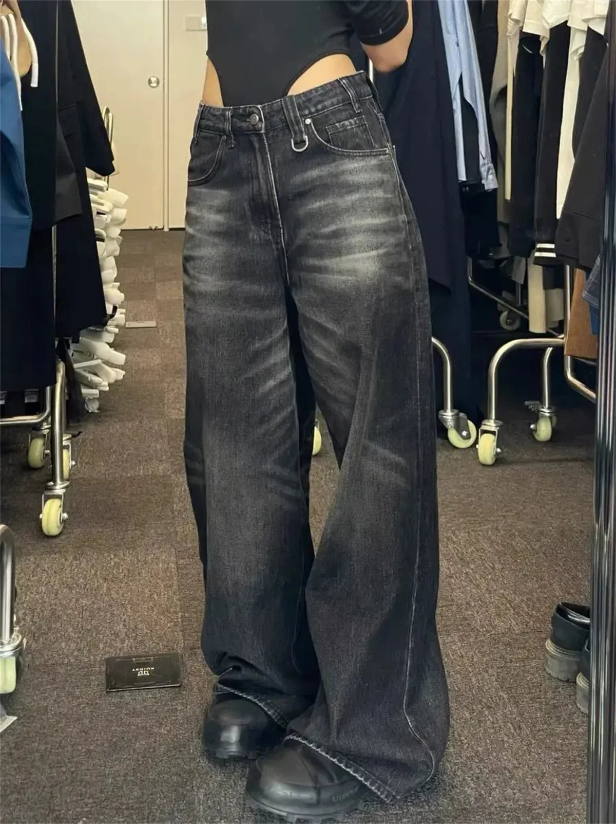 Jean Large Vintage Noir – Taille Haute & Style Streetwear