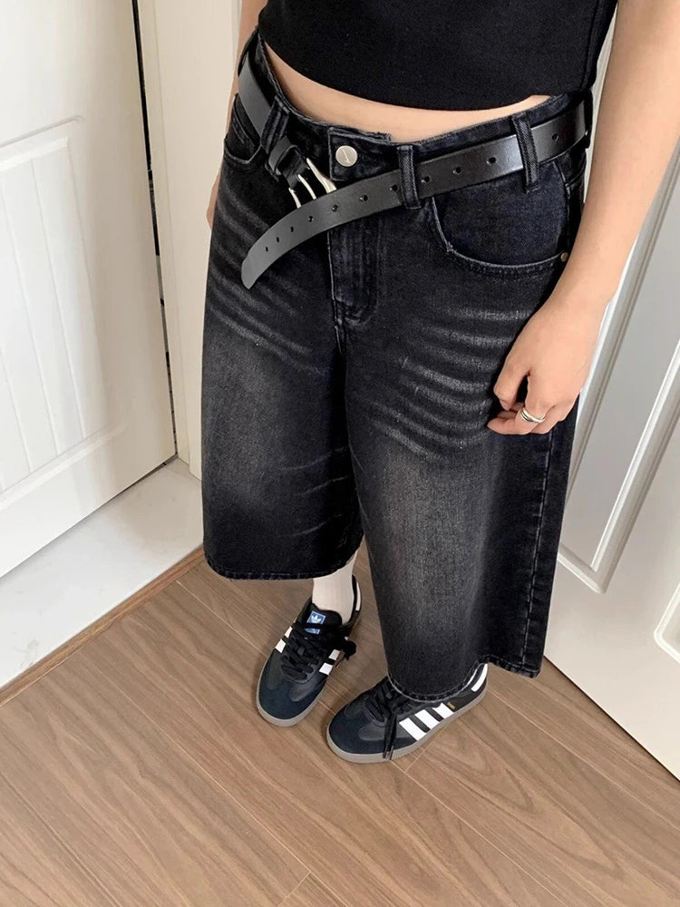 Short en Jean Noir Taille Haute – Style Vintage Décontracté Y2K