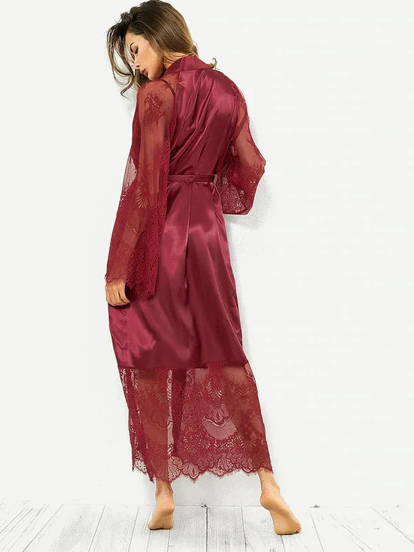 Robe de Nuit en Satin – Lingerie Sexy à Manches Longues et Dentelle