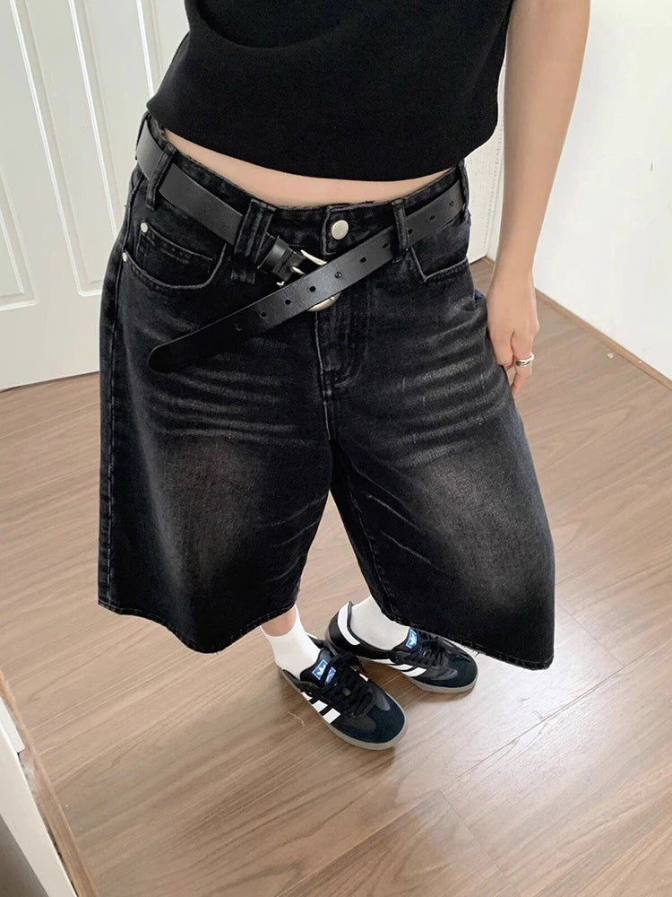 Short en Jean Noir Taille Haute – Style Vintage Décontracté Y2K
