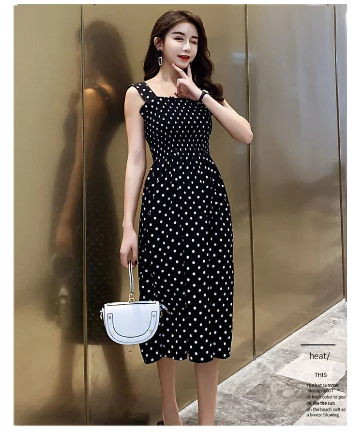 Robe Longue à Pois – Col Carré Élégant & Sans Manches, Été Féminin