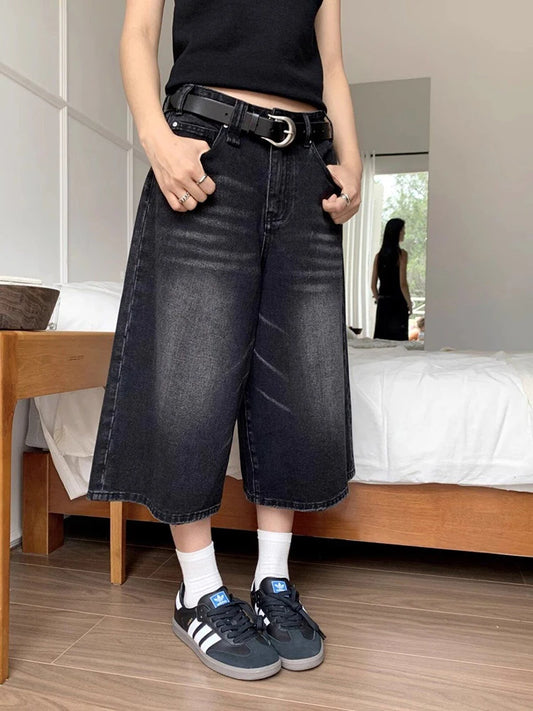Short en Jean Noir Taille Haute – Style Vintage Décontracté Y2K