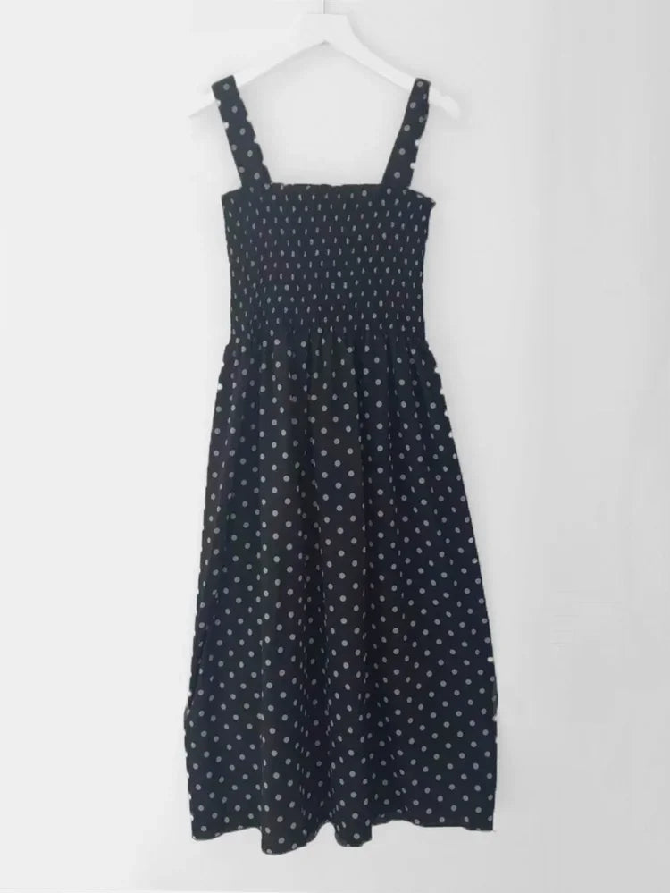 Robe Longue à Pois – Col Carré Élégant & Sans Manches, Été Féminin