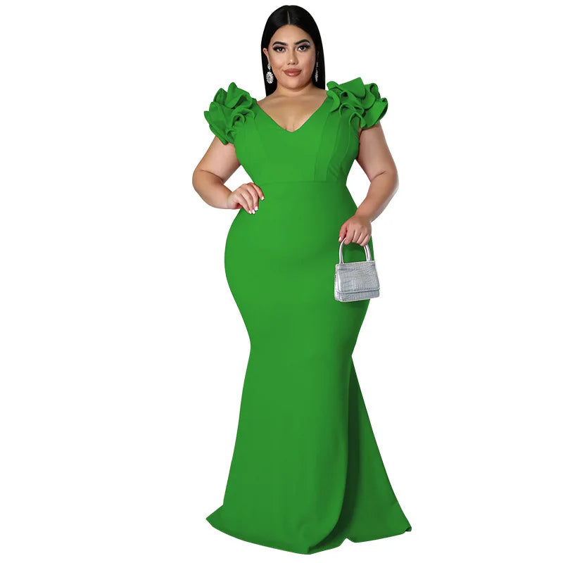 Robe Longue Élégante – Manches à Volants & Col en V, Invité de Mariage Été
