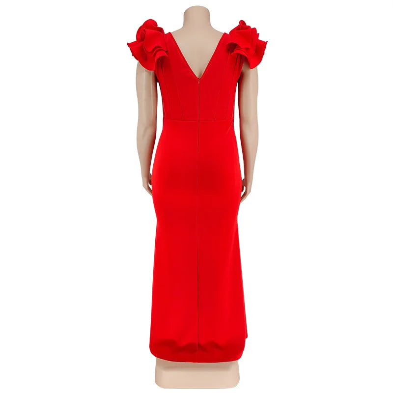 Robe Longue Élégante – Manches à Volants & Col en V, Invité de Mariage Été