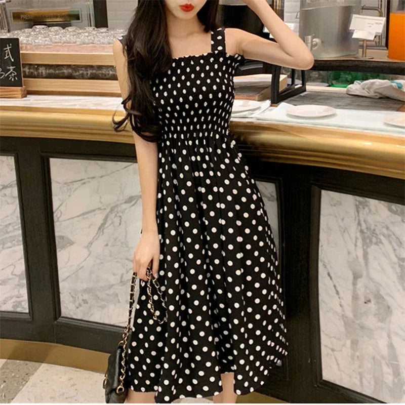 Robe Longue à Pois – Col Carré Élégant & Sans Manches, Été Féminin
