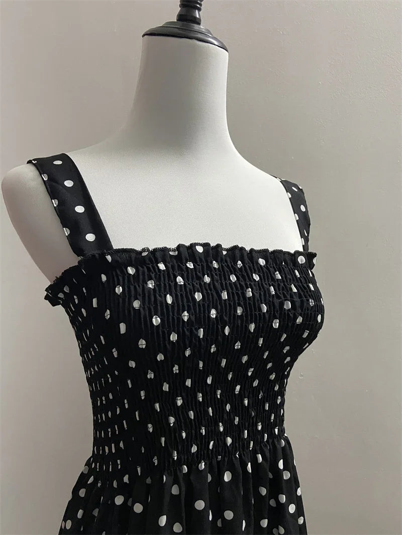 Robe Longue à Pois – Col Carré Élégant & Sans Manches, Été Féminin