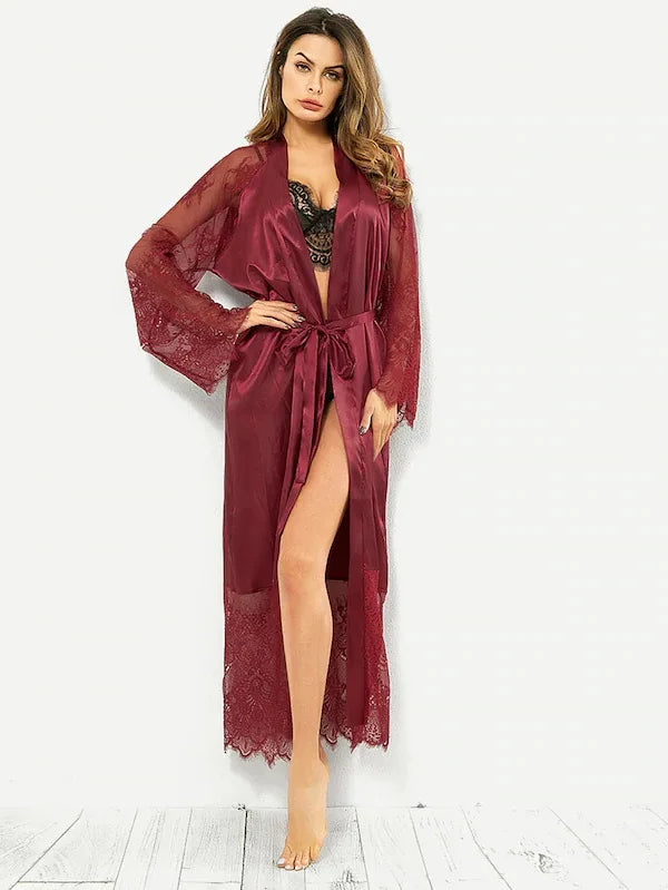 Robe de Nuit en Satin – Lingerie Sexy à Manches Longues et Dentelle