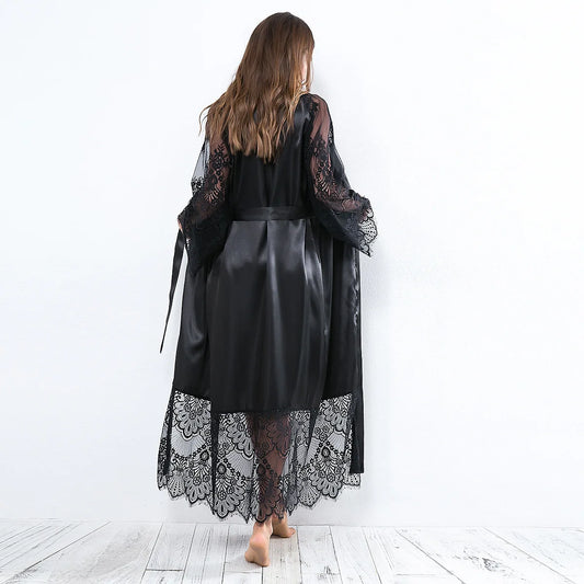 Robe de Nuit en Satin – Lingerie Sexy à Manches Longues et Dentelle