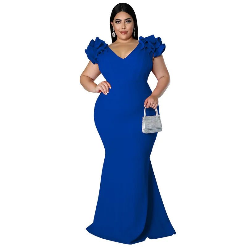 Robe Longue Élégante – Manches à Volants & Col en V, Invité de Mariage Été