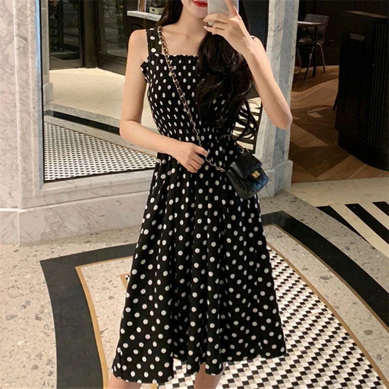 Robe Longue à Pois – Col Carré Élégant & Sans Manches, Été Féminin