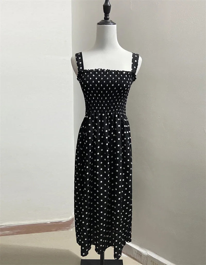 Robe Longue à Pois – Col Carré Élégant & Sans Manches, Été Féminin
