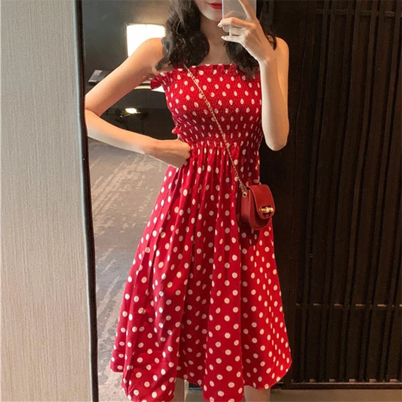 Robe Longue à Pois – Col Carré Élégant & Sans Manches, Été Féminin