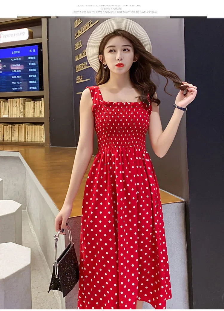 Robe Longue à Pois – Col Carré Élégant & Sans Manches, Été Féminin