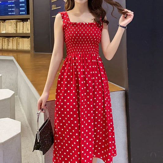 Robe Longue à Pois – Col Carré Élégant & Sans Manches, Été Féminin