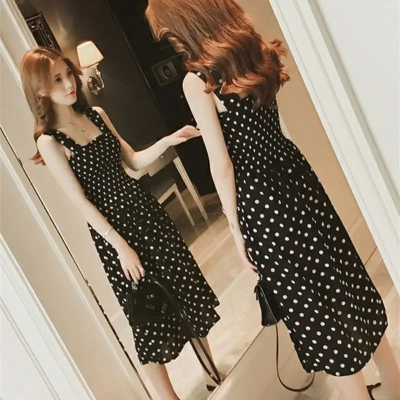Robe Longue à Pois – Col Carré Élégant & Sans Manches, Été Féminin