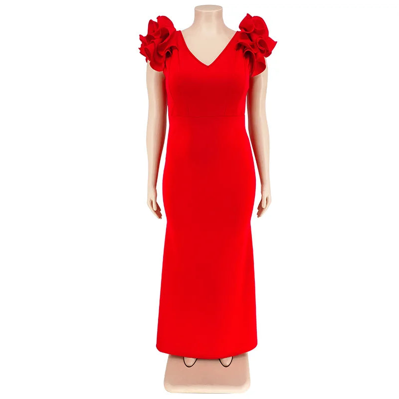 Robe Longue Élégante – Manches à Volants & Col en V, Invité de Mariage Été