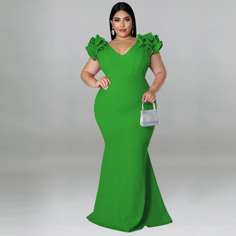 Robe Longue Élégante – Manches à Volants & Col en V, Invité de Mariage Été