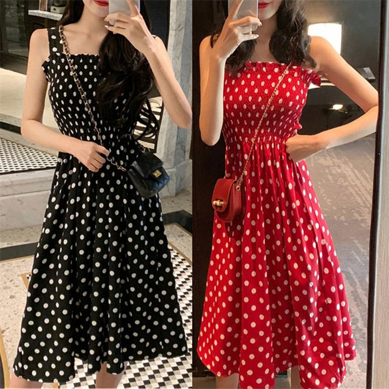 Robe Longue à Pois – Col Carré Élégant & Sans Manches, Été Féminin