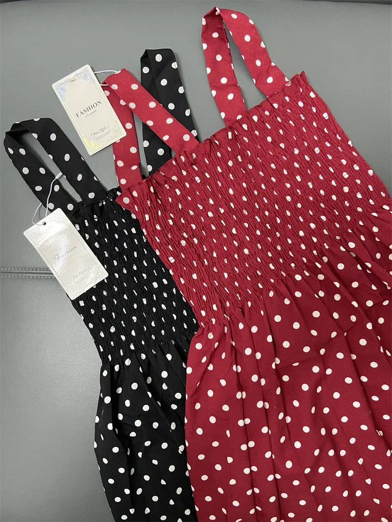 Robe Longue à Pois – Col Carré Élégant & Sans Manches, Été Féminin