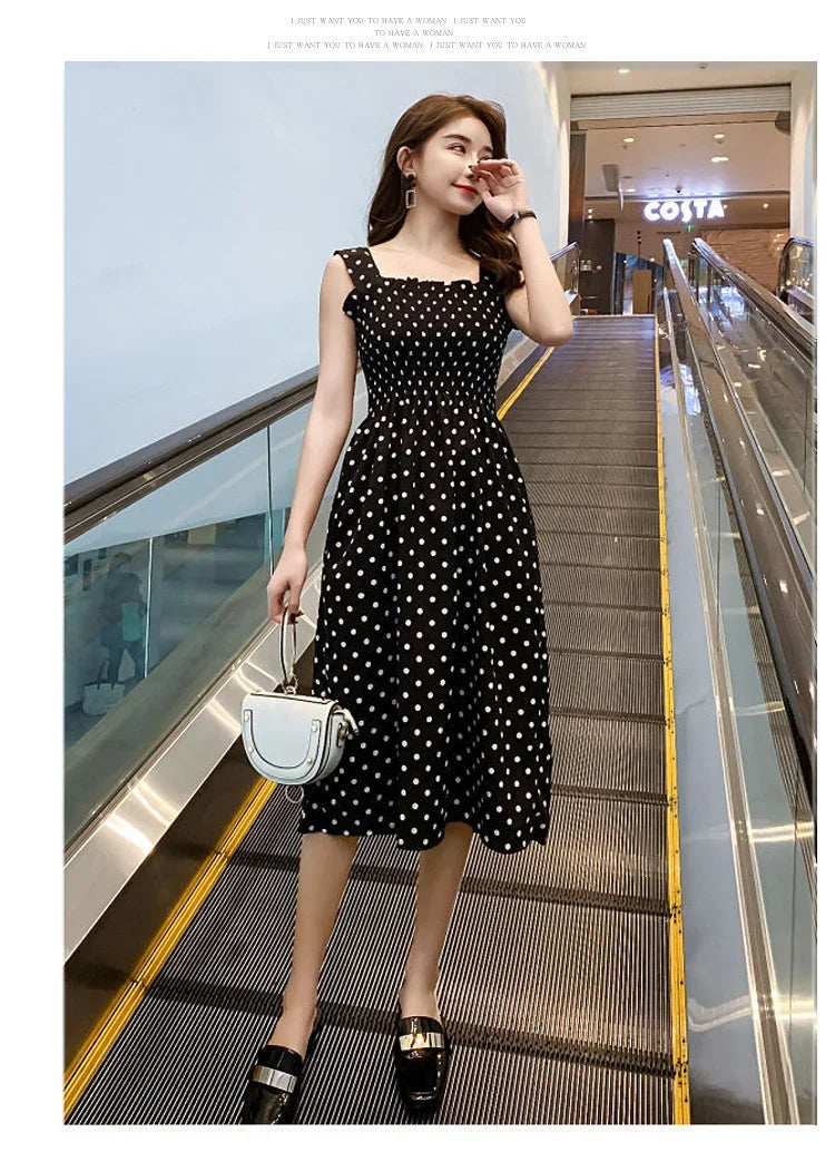 Robe Longue à Pois – Col Carré Élégant & Sans Manches, Été Féminin