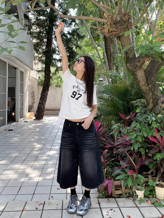 Short en Jean Noir Taille Haute – Style Vintage Décontracté Y2K