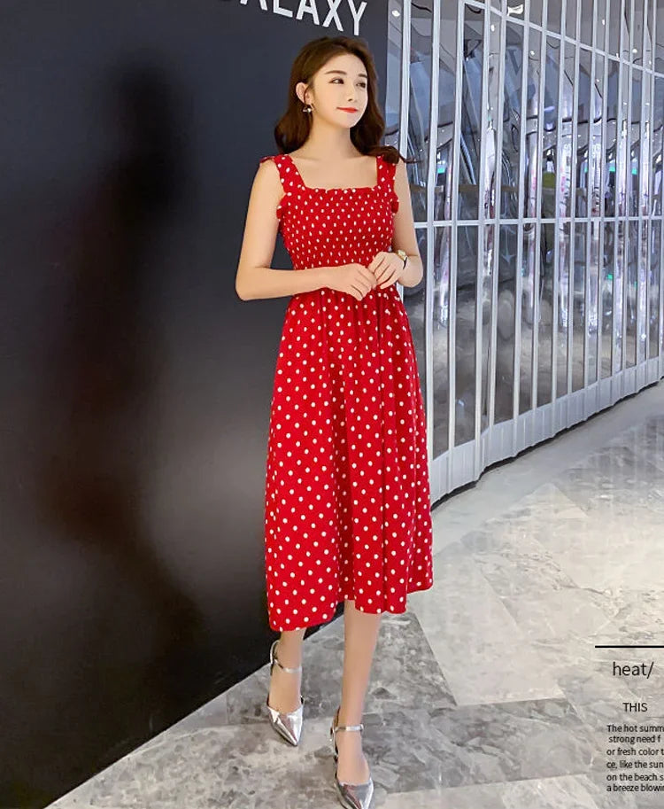 Robe Longue à Pois – Col Carré Élégant & Sans Manches, Été Féminin