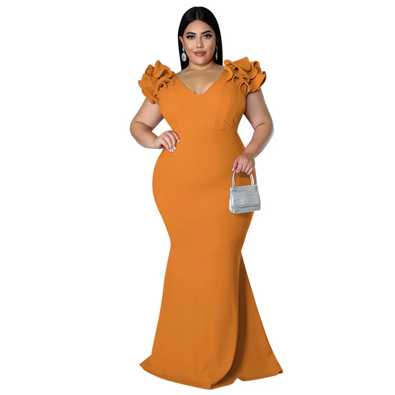 Robe Longue Élégante – Manches à Volants & Col en V, Invité de Mariage Été