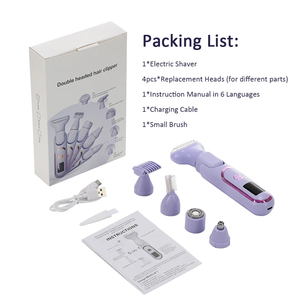 Rasoir Électrique 5 en 1 Femme – Épilateur Rechargeable et Indolore