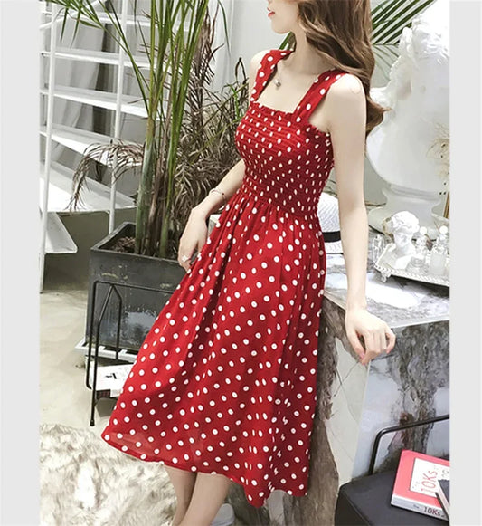 Robe Longue à Pois – Col Carré Élégant & Sans Manches, Été Féminin