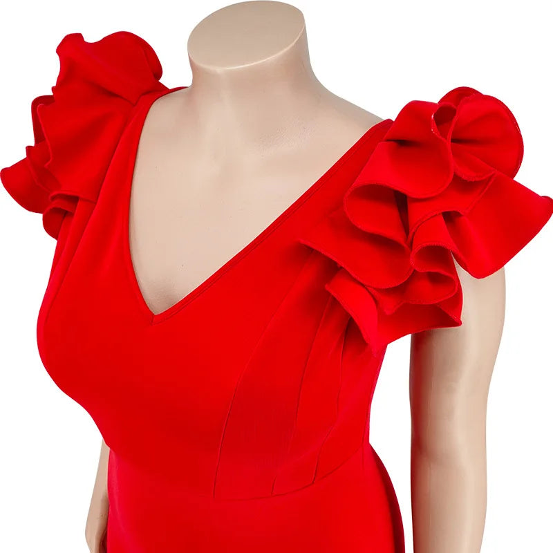 Robe Longue Élégante – Manches à Volants & Col en V, Invité de Mariage Été