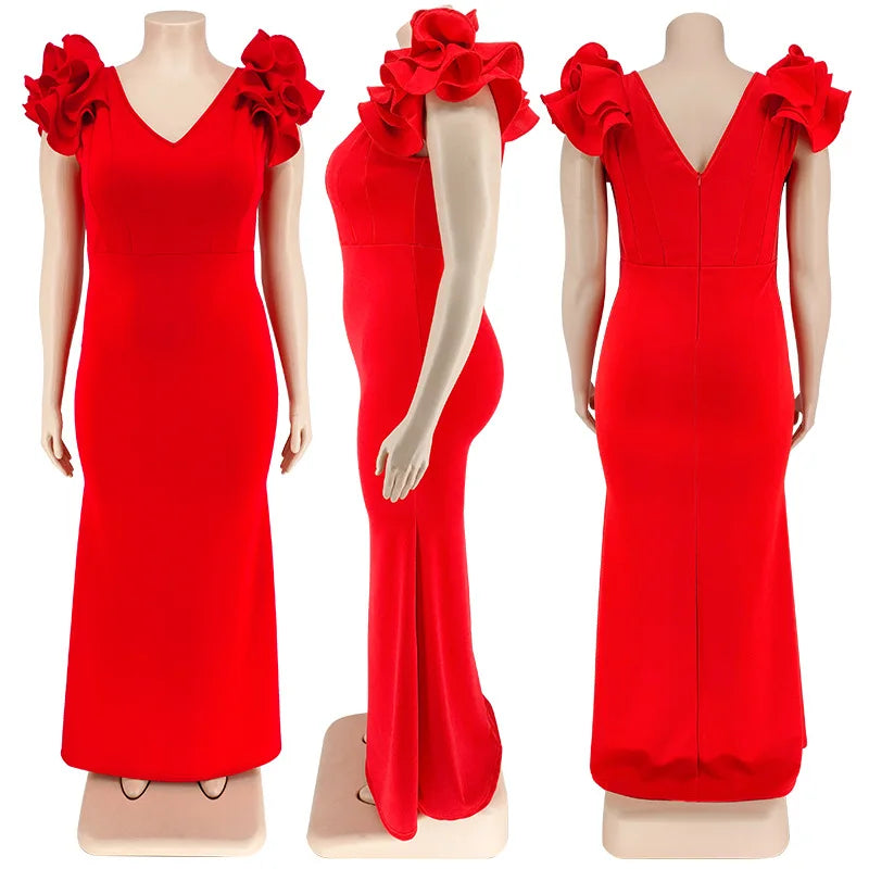 Robe Longue Élégante – Manches à Volants & Col en V, Invité de Mariage Été