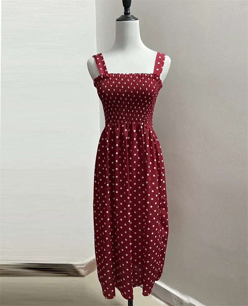 Robe Longue à Pois – Col Carré Élégant & Sans Manches, Été Féminin