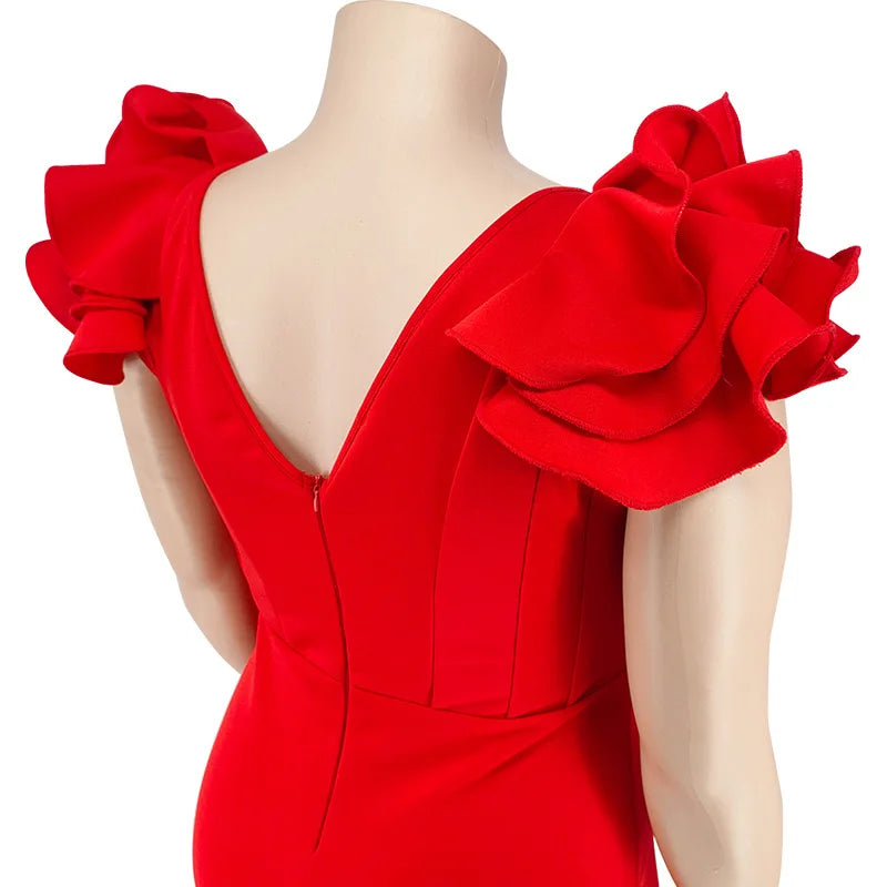 Robe Longue Élégante – Manches à Volants & Col en V, Invité de Mariage Été
