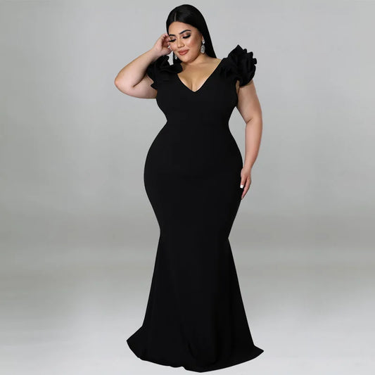 Robe Longue Élégante – Manches à Volants & Col en V, Invité de Mariage Été