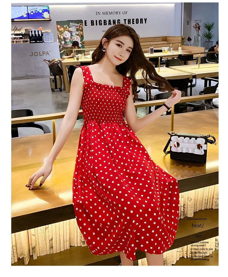 Robe Longue à Pois – Col Carré Élégant & Sans Manches, Été Féminin
