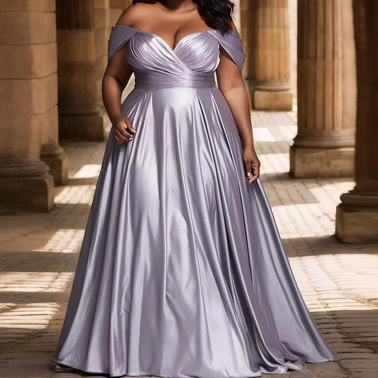 Robe Longue Satinée – Élégante & Sexy, Grande Taille, Épaules Dénudées