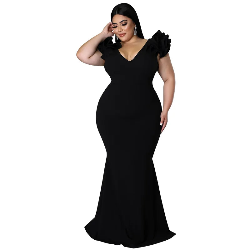 Robe Longue Élégante – Manches à Volants & Col en V, Invité de Mariage Été