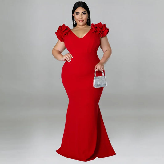 Robe Longue Élégante – Manches à Volants & Col en V, Invité de Mariage Été